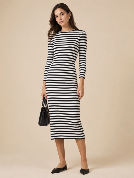 J. Crew Dresses & Skirts - J Crew Long Sleeve Striped Dress size 12 Black White Knit Capsule Basic Cotton